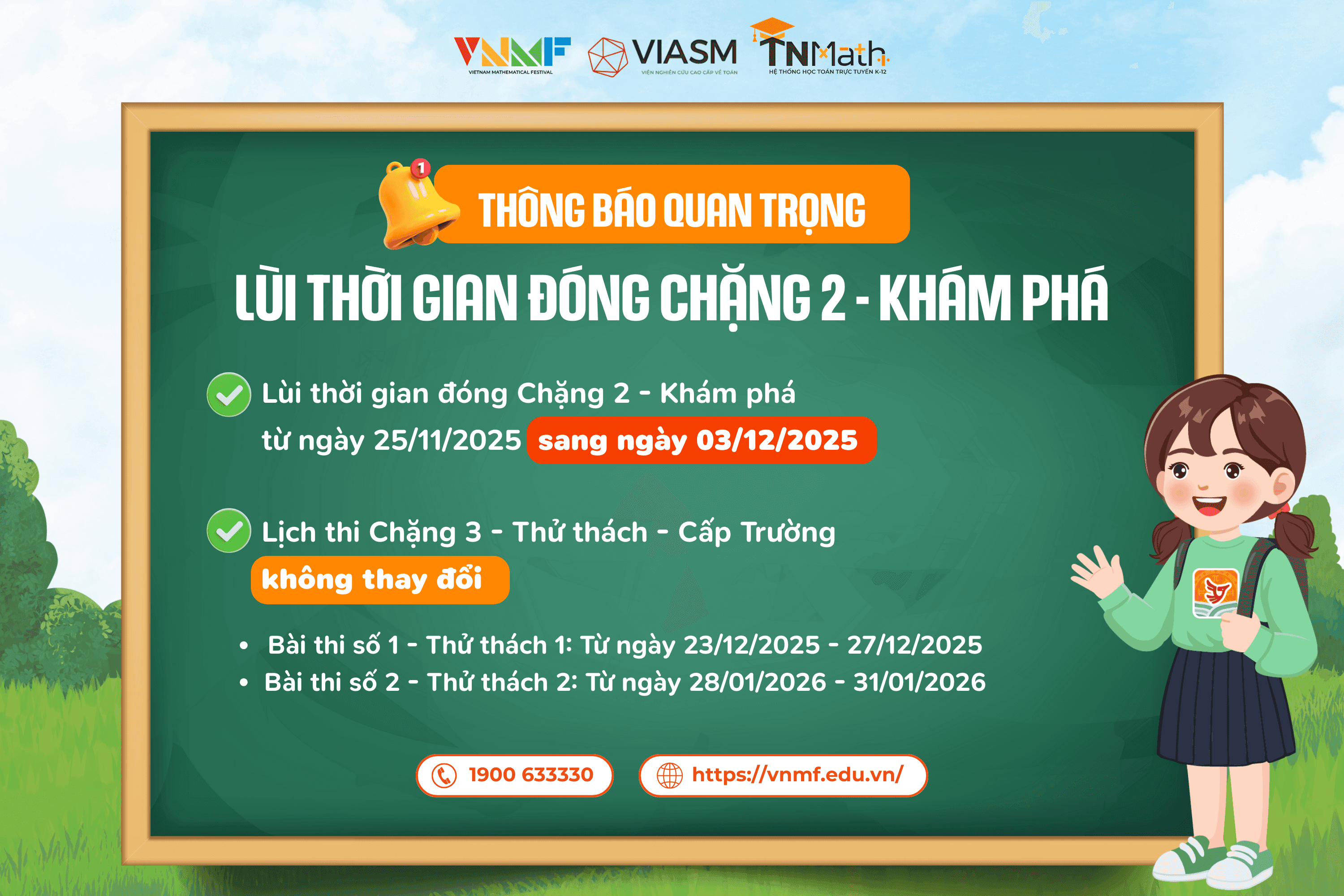 Thông báo quan trọng: Lùi thời gian đóng Chặng 2 - Khám phá Sân chơi Toán học Việt Nam (VNMF) năm học 2025-2026 