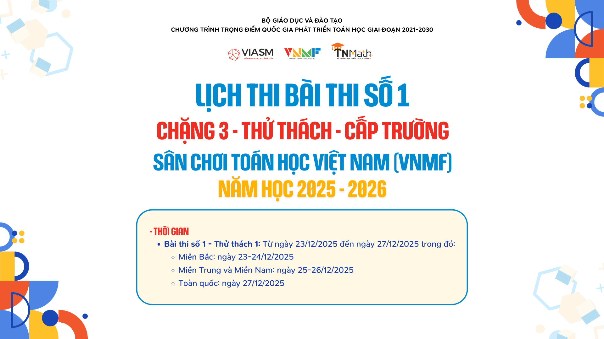 Thông báo lịch thi Bài thi số 1 - Chặng 3 - Thử thách (cấp Trường)
