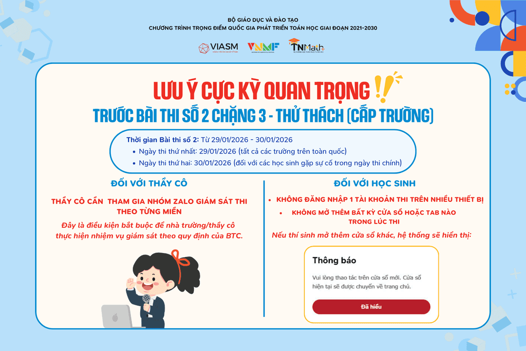 Lưu ý quan trọng trước Bài thi số 2 Chặng 3 - Thử thách (cấp Trường) Sân chơi Toán học Việt Nam (VNMF) 2025-2026