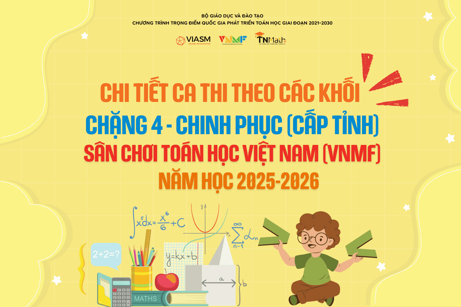 Chi tiết ca thi chặng 4 - Chinh phục (cấp Tỉnh) theo các khối - Sân chơi Toán học Việt Nam (VNMF) 2025-2026